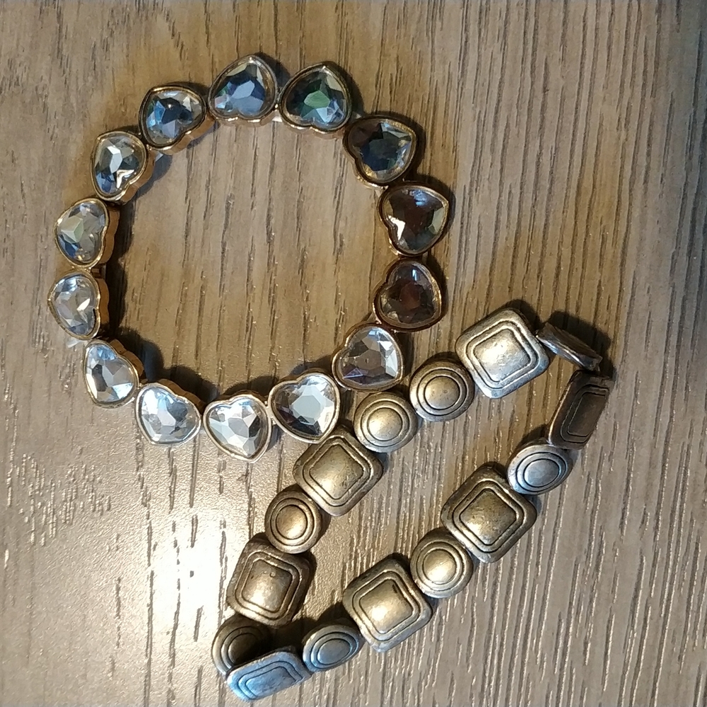Set of two silver tone metal crystal heart strenchy bracelet for small wrists